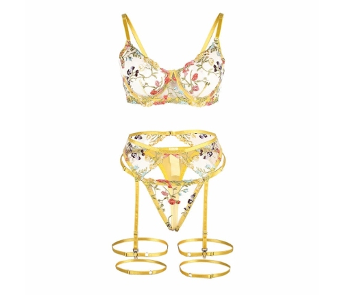 SUBBLIME - 954345 BRA + THONG + GARTER BELT FLORAL DESIGN YELLOW S/M