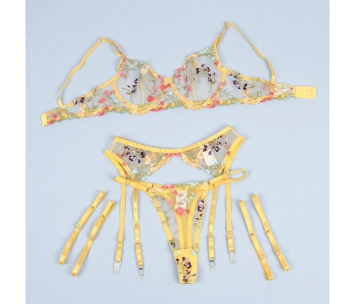 SUBBLIME - 954345 BRA + THONG + GARTER BELT FLORAL DESIGN YELLOW S/M