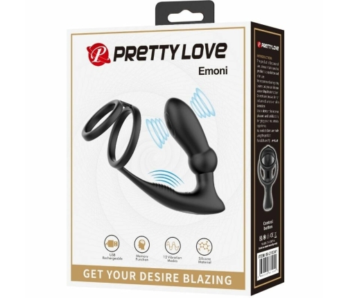 Pretty Love Emoni Black Silicone Dual Intimate Ring & Plug, 12 Modes