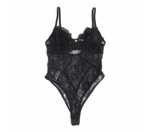 SUBBLIME 955618 Black Lace Bodysuit S/M with Adjustable Bottom Closure