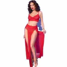 Chilirose CR4850 Red Tulle Top & Leggings Set with Gold Accents S