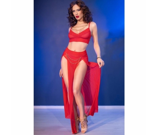 Chilirose CR 4850 Red Sheer Top & Leggings Set with Gold Chain Details M