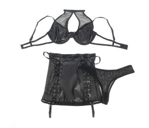 SUBBLIME 957582 PU Leather & Mesh Bra and Skirt Set Black S/M