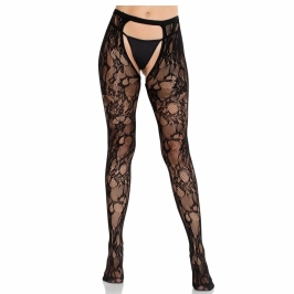 Leg Avenue Rose Lace Stockings Open-Back Black Elegant Floral Design