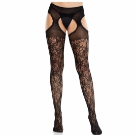 Leg Avenue Floral Lace Garter Stockings Black - Integrated Suspender Design