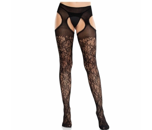 Leg Avenue Floral Lace Garter Stockings Black - Integrated Suspender Design