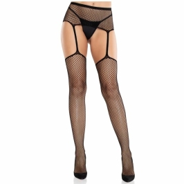 Leg Avenue Elegant Lace Stockings with Cross Motif & Garter Belt, Black