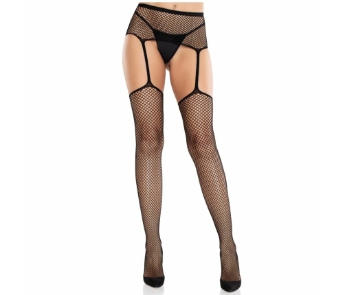 Leg Avenue Elegant Lace Stockings with Cross Motif & Garter Belt, Black
