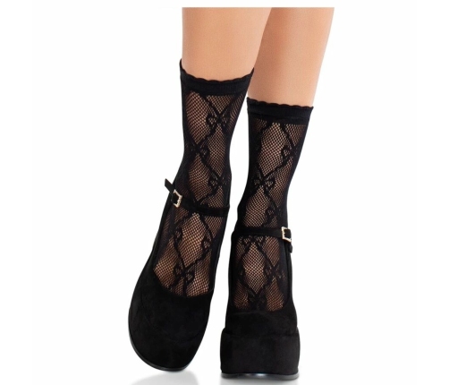 Leg Avenue Bow Lace Ankle Socks Black - Elegant Fishnet Design
