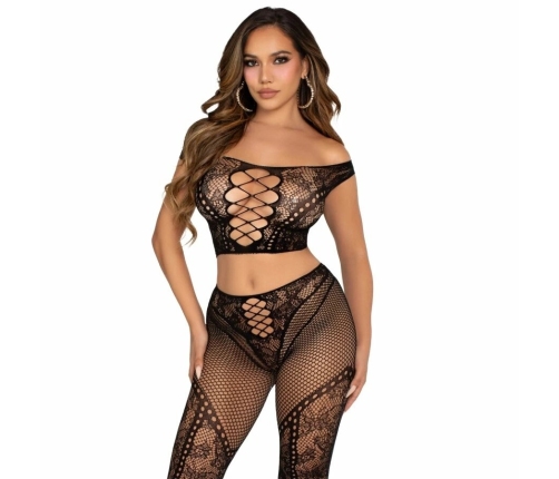 LEG AVENUE - CROP TOP Y LEGGING DE REJILLA CON HOMBROS DESCUBIERTOS NEGRO