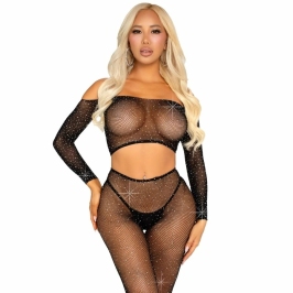 Leg Avenue Crop Top & Fishnet Leggings with Rhinestones Black - Flexible Fit Leg Avenue Crop Top & Fishnet Leggings with Rhinestones Black - Flexible Fit