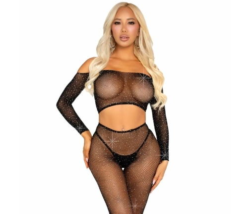 Leg Avenue Crop Top & Fishnet Leggings with Rhinestones Black - Flexible Fit