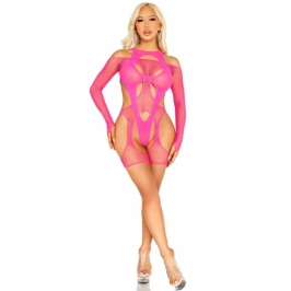 Leg Avenue Fishnet Bodystocking Neon Pink with Garter Belt & Harness Design