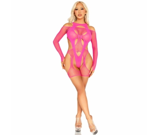 Leg Avenue Fishnet Bodystocking Neon Pink with Garter Belt & Harness Design