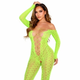 Leg Avenue Bodystocking Exotic Snake Lace Neon Green - Stretchy Design