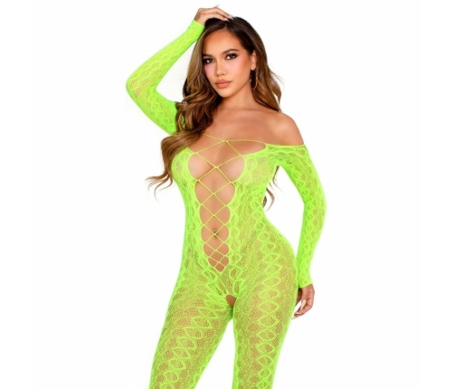Leg Avenue Bodystocking Exotic Snake Lace Neon Green - Stretchy Design