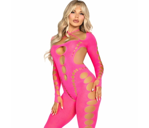 Leg Avenue Pink Open Back Bodystocking One Size - Stretch Mesh Design