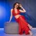 Chilirose CR 4857 Red Sheer Top & Wide-Leg Pants Set Size S