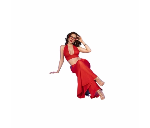 Chilirose CR 4857 Red Sheer Top & Wide-Leg Pants Set Size S