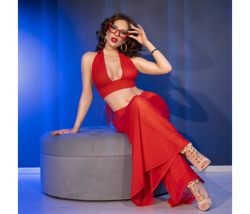 Chilirose CR 4857 Women's Red Sheer Top & Wide-Leg Pants Set Size L