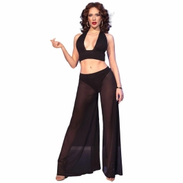 Chilirose CR 4857 Black Sheer Top & Wide-Leg Pants Set, Size S