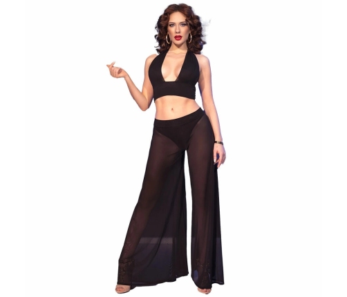 Chilirose CR 4857 Elegant Black Sheer Top & Wide-Leg Pants Set XL