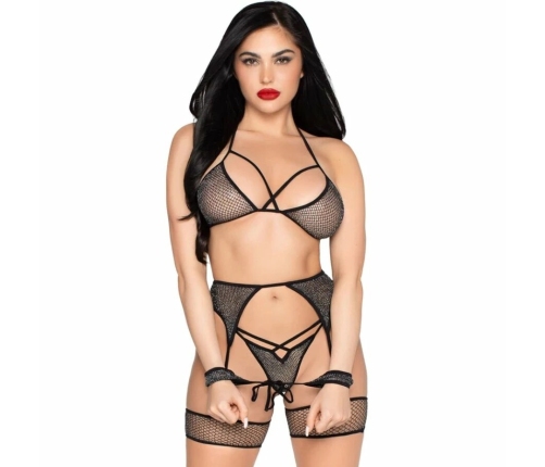 Leg Avenue 89362 Mesh Top, Thong, Garter Belt & Cuffs Set Black One Size