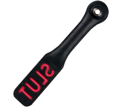 Sportsheets Leather Impression Paddle model z napisem, czarne