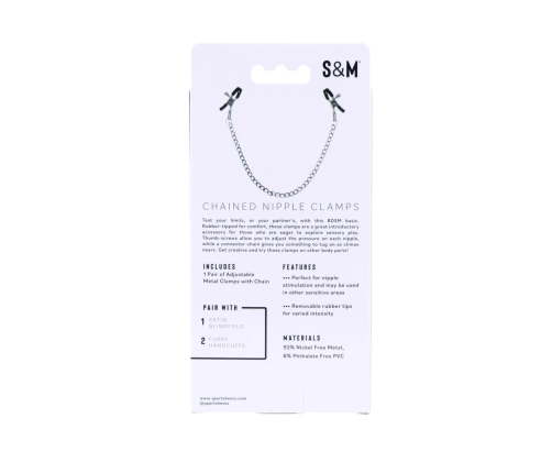 Sportsheets S&M Chained Nipple Clamps Adjustable 33cm Chain, Black/Silver