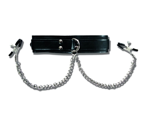 Sportsheets Vegan Leather Collar with Adjustable Clamps, Black, 27cm Chains