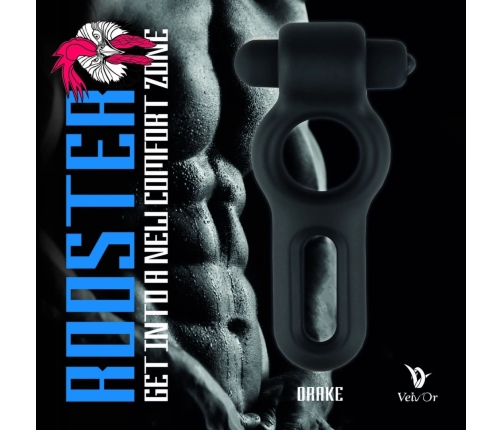 Velv’Or Rooster Drake Dual Silicone Ring with Vibrating Bullet, Black