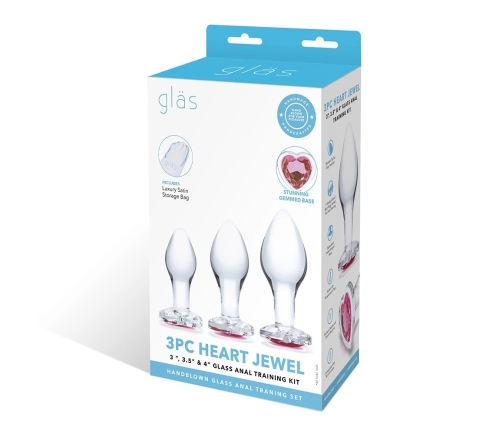 Glas Heart Jewel Glass Plug Set 3 pcs - Graduated Sizes, Red Base Accent