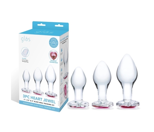 Glas Heart Jewel Glass Plug Set 3 pcs - Graduated Sizes, Red Base Accent