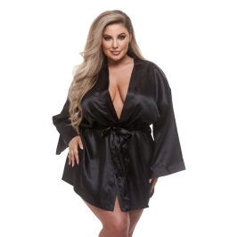 Baci Queen Satin Robe Black - Elegant Short Kimono with Belt, Plus Size Baci Queen Satin Robe Black - Elegant Short Kimono with Belt, Plus Size