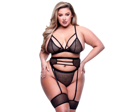 Baci - 3pc Strappy Bra, Garter & Panty Set Black Queen