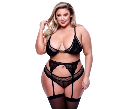 Baci - 3pc Lace & Mesh Bra, Garter & Panty Set-Black Queen