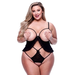 Baci Peek-a-boo Criss-cross Teddy Queen Sheer Lace Bodysuit Black Plus Size Baci Peek-a-boo Criss-cross Teddy Queen Sheer Lace Bodysuit Black Plus Size
