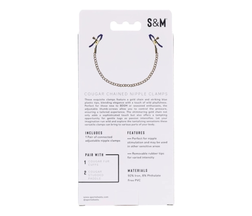 Sportsheets Cougar Adjustable Gold Chain Nipple Clamps with Blue Tips