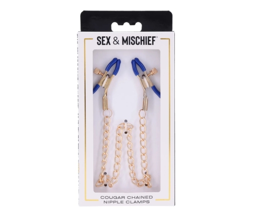 Sportsheets Cougar Adjustable Gold Chain Nipple Clamps with Blue Tips