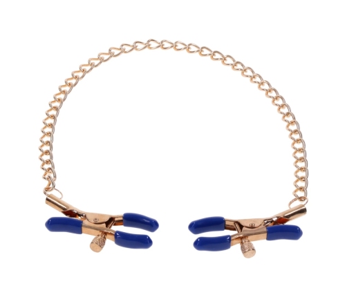 Sportsheets Cougar Adjustable Gold Chain Nipple Clamps with Blue Tips