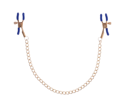 Sportsheets Cougar Adjustable Gold Chain Nipple Clamps with Blue Tips