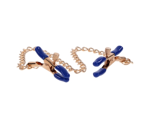 Sportsheets Cougar Adjustable Gold Chain Nipple Clamps with Blue Tips