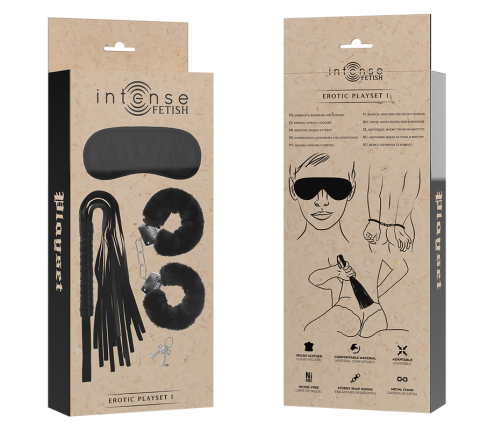 INTENSE - FETISH EROTIC PLAYSET 1 WITH HANDCUFFS, BLIND MASK AND FLOGGER