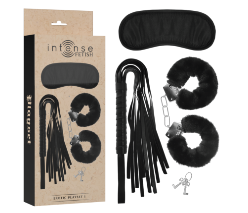 INTENSE - FETISH EROTIC PLAYSET 1 WITH HANDCUFFS, BLIND MASK AND FLOGGER