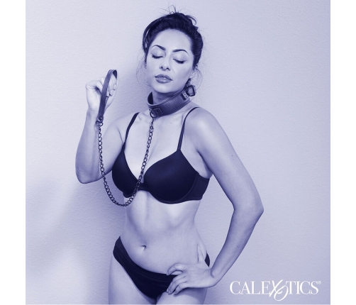 CALEXOTICS - NOCTURNAL COLLAR & LEASH LEATHER ADJUSTABLE BLACK