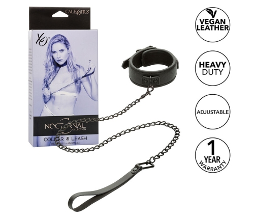 CALEXOTICS - NOCTURNAL COLLAR & LEASH LEATHER ADJUSTABLE BLACK
