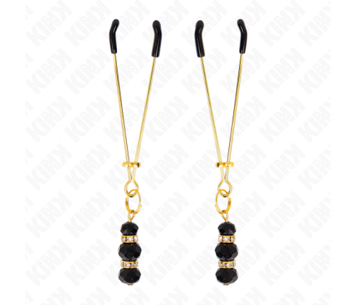 KINK - GOLD THIN NIPPLE CLAMPS WITH 3 BLACK GLASS BEADS 7 CM