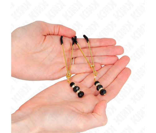 KINK - GOLD THIN NIPPLE CLAMPS WITH 3 BLACK GLASS BEADS 7 CM
