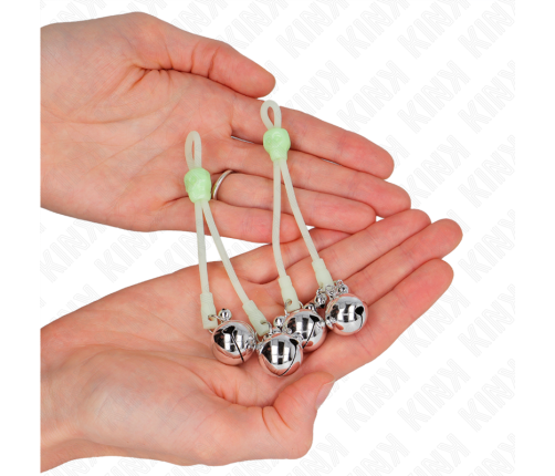 KINK - LUMINOUS SKULL NIPPLE CLAMPS WITH RING BELLS ADJUSTABLE GREEN / SILVER