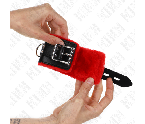 KINK - FUR LINED WRIST RESTRAINTS WITH SQUARE HOLES RED AND BLACK BELT ADJUSTABLE 17-29 CM X 6 CM